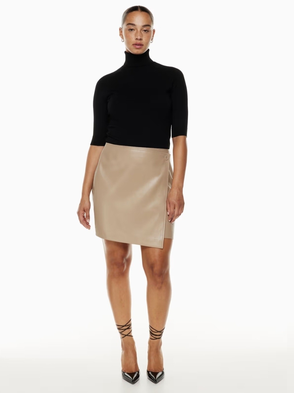 Babaton Beige Faux Leather Mini Wrap Skirt